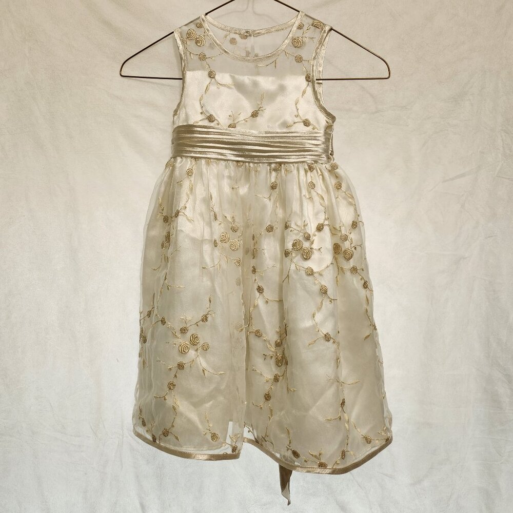Beige/Cream & Gold Girls Dress with Ribbon